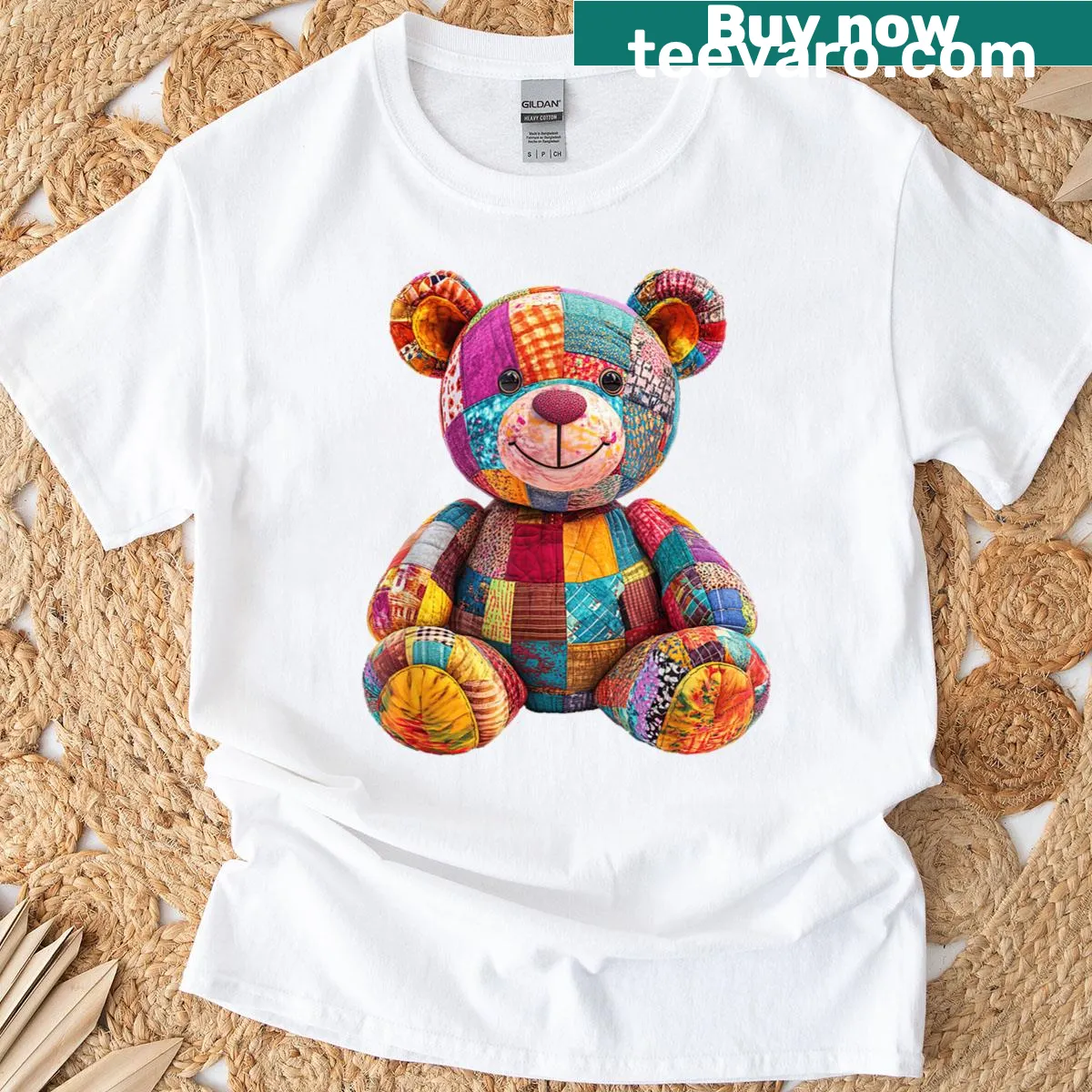 Vintage teddybear graphic on kids t-shirt with patchwork design — on a men's t-shirt