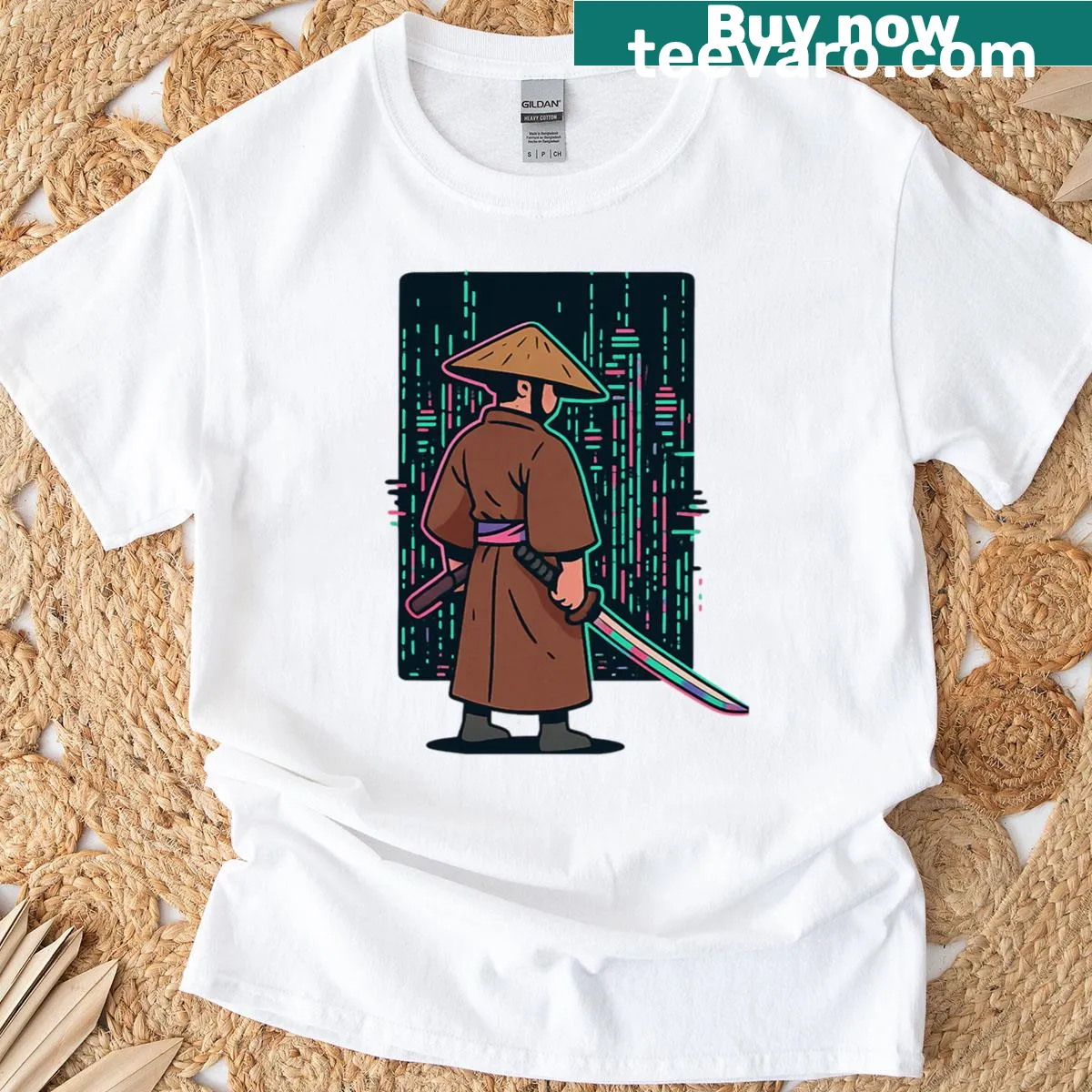 Cute black cat with witch hat on pumpkin design T-shirt — on a men's t-shirt