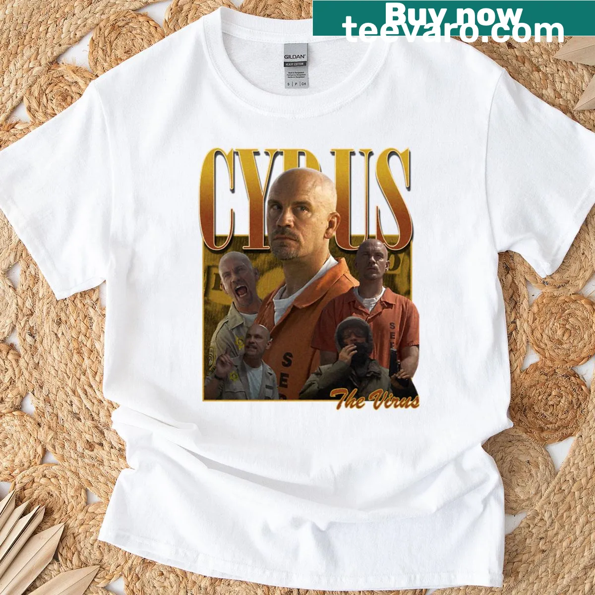 Vintage-style T-shirt with humorous 'Cyrus The Virus' slogan — on a men's t-shirt
