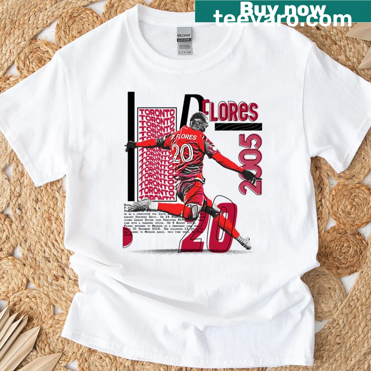 Oversized T-shirt featuring D Flores soccer player illustration — on a men's t-shirt