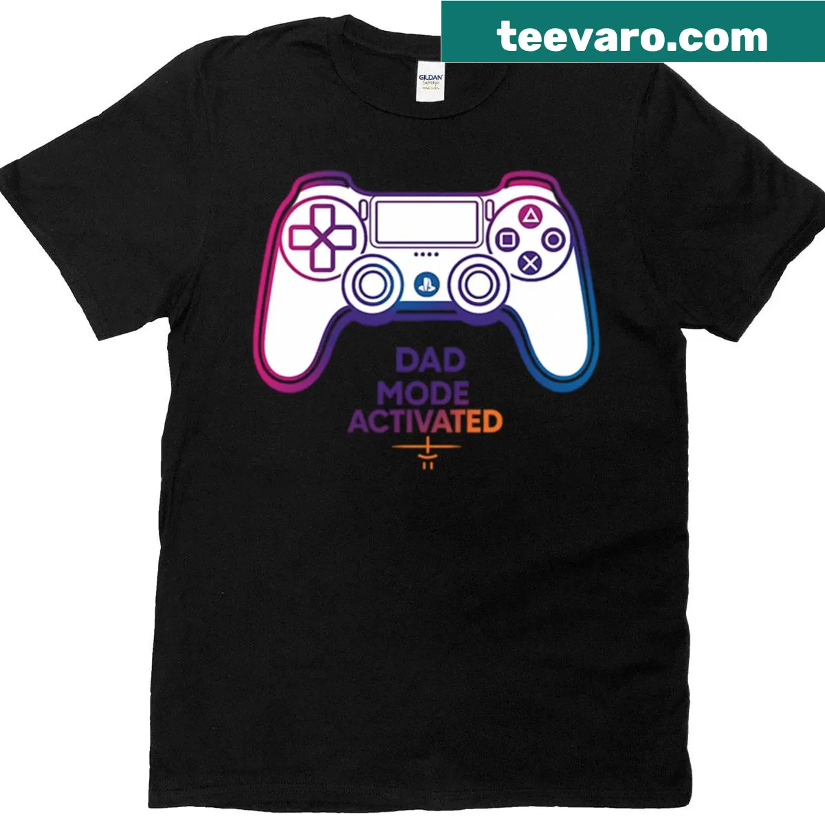 Funny Gamer Dad T-shirt with controller and 'Dad Mode Activated' design. — on a men's t-shirt