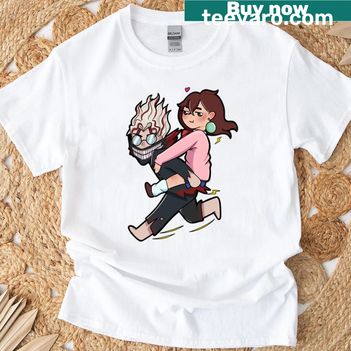 Illustrated Okarun Momo t-shirt with a humorous design — on a men's t-shirt