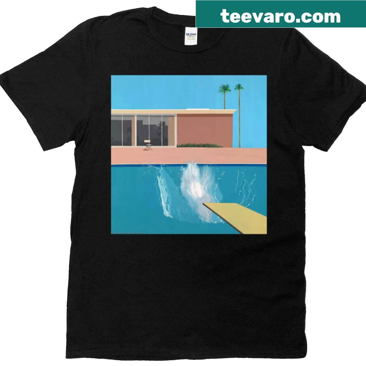 Minimalist t-shirt featuring abstract typography inspired by David Hockney — on a men's t-shirt
