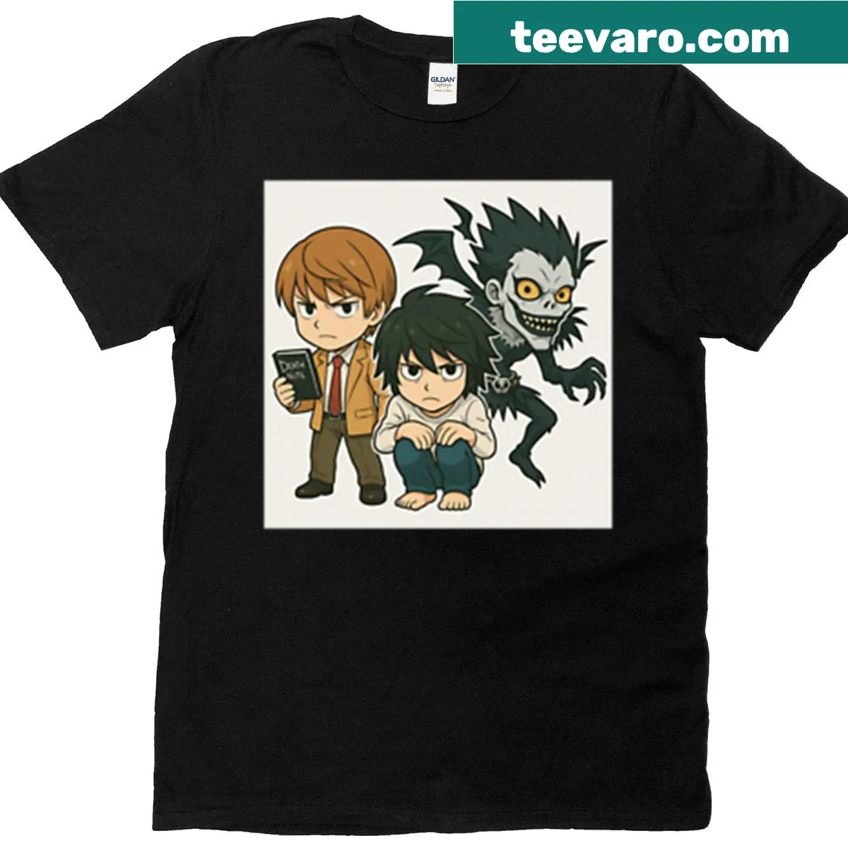 Chibi characters from Death Note on a playful anime T-shirt — on a men's t-shirt