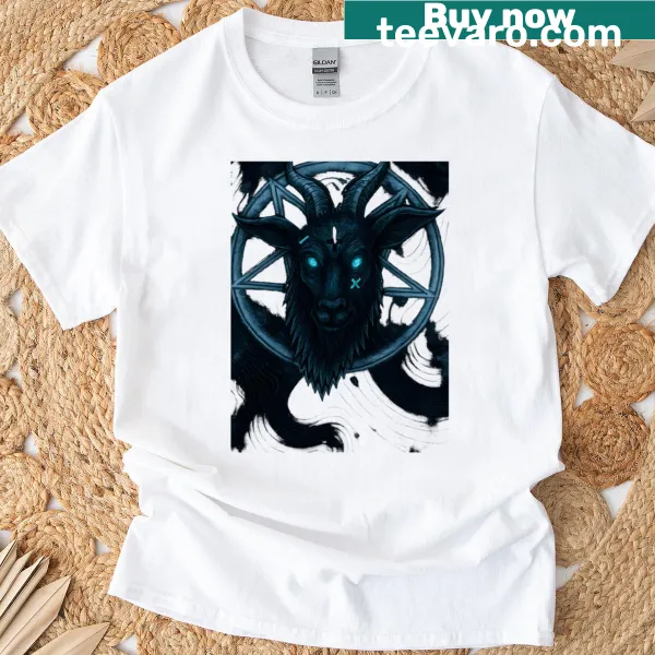Demonic goat head illustration with glowing eyes on a t-shirt
