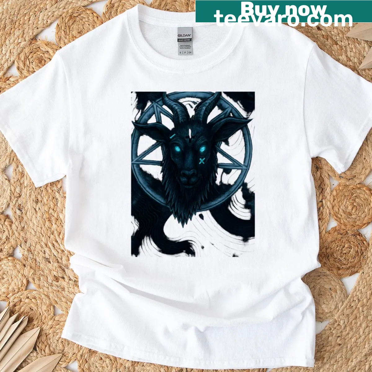 Demonic goat head illustration with glowing eyes on a t-shirt — on a men's t-shirt