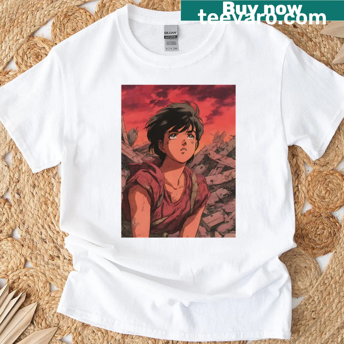 Post-apocalyptic anime scene illustration T-shirt — on a men's t-shirt