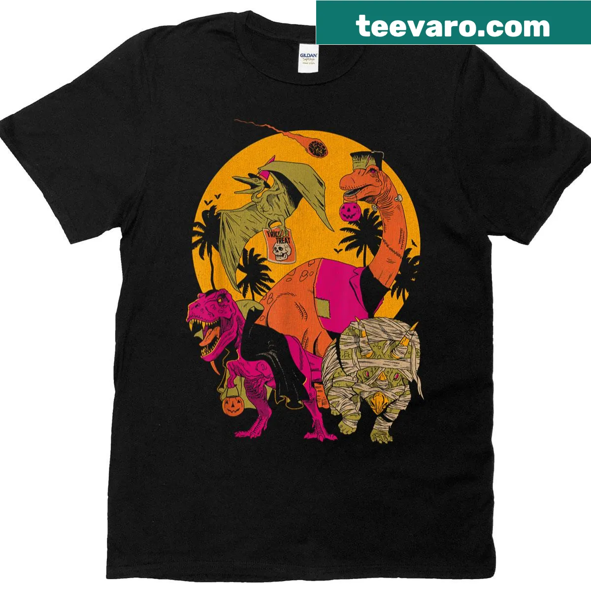Vintage dino monsters Halloween T-shirt with playful graphics — on a men's t-shirt