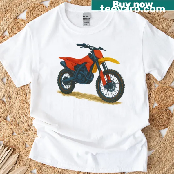 Hand-painted dirt bike illustration on a T-shirt representing off-road energy