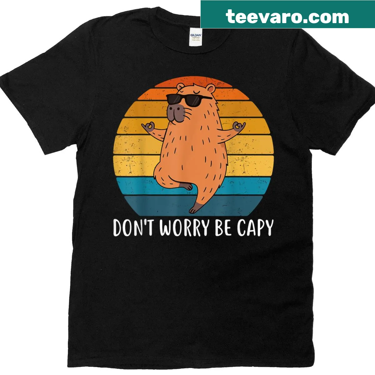 Funny T-shirt with cute capybara and 'Dont Worry Be Capy' text — on a men's t-shirt