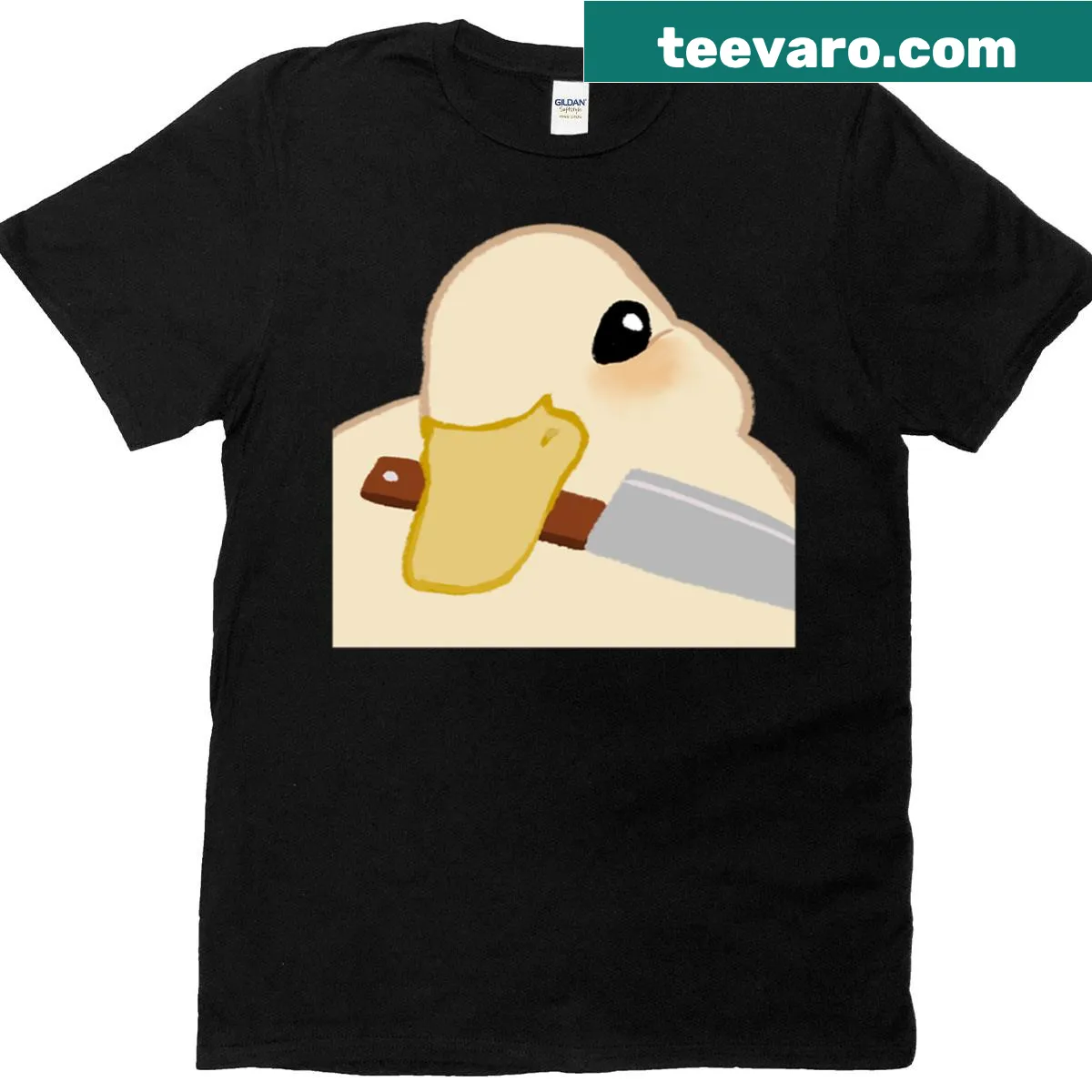 Cartoon T-shirt featuring a duck with a knife in a humorous design — on a men's t-shirt