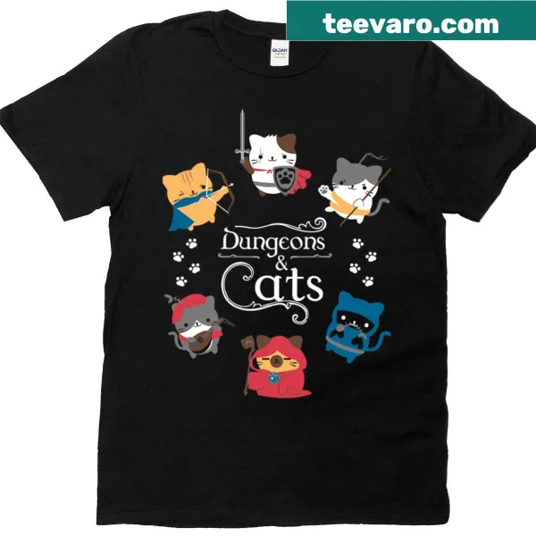 T-shirt with 'Dungeons And Cats' phrase graphic