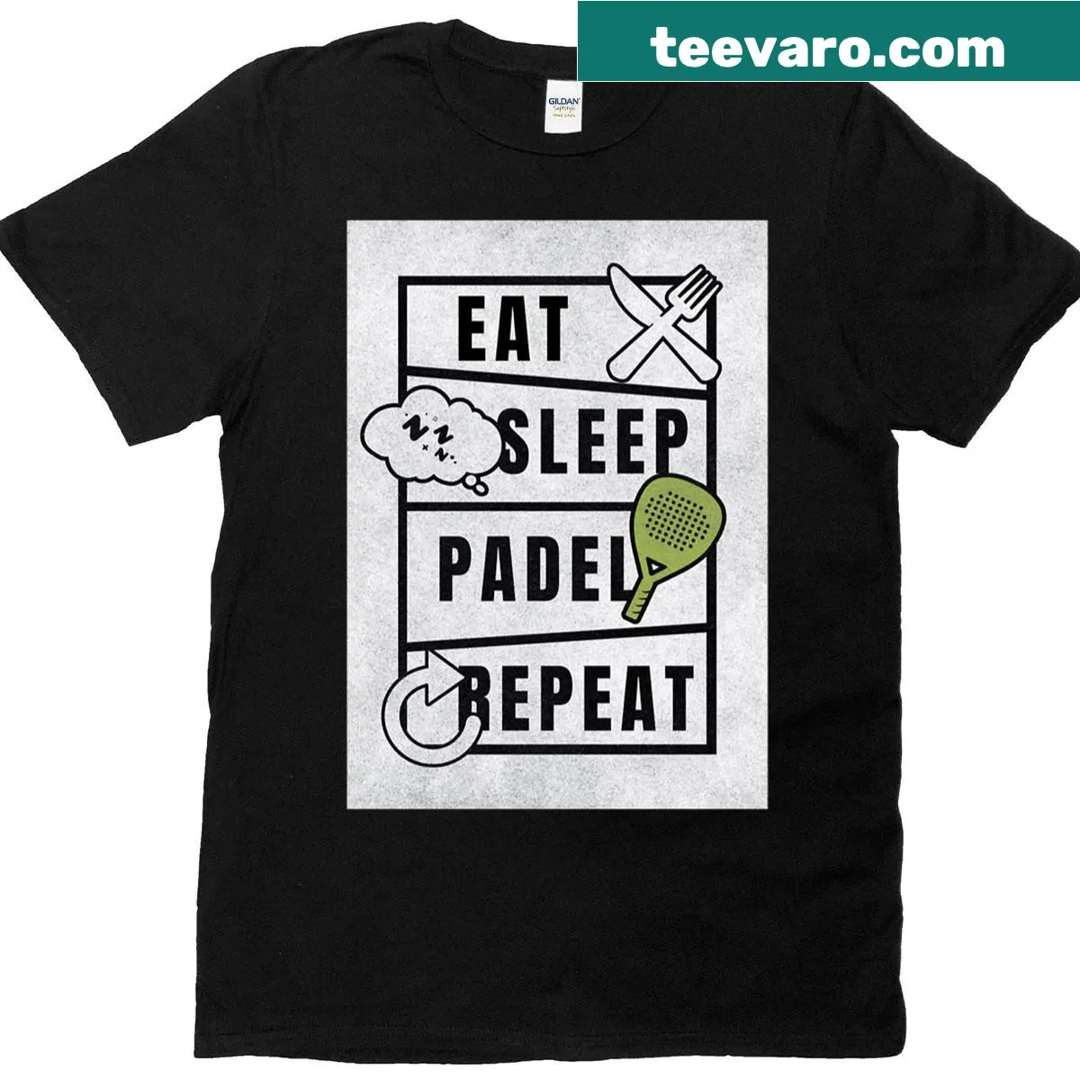 T-shirt with bold typography showcasing the Eat Sleep Padel Repeat mantra — on a men's t-shirt