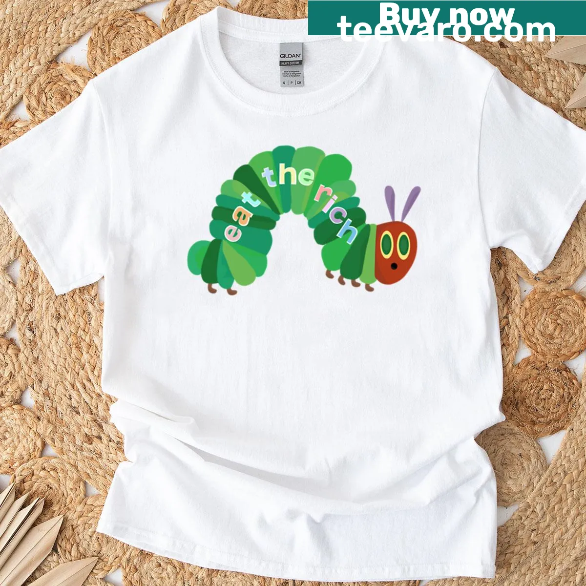 Graphic T-shirt with a hungry caterpillar and the text 'Eat The Rich' — on a men's t-shirt