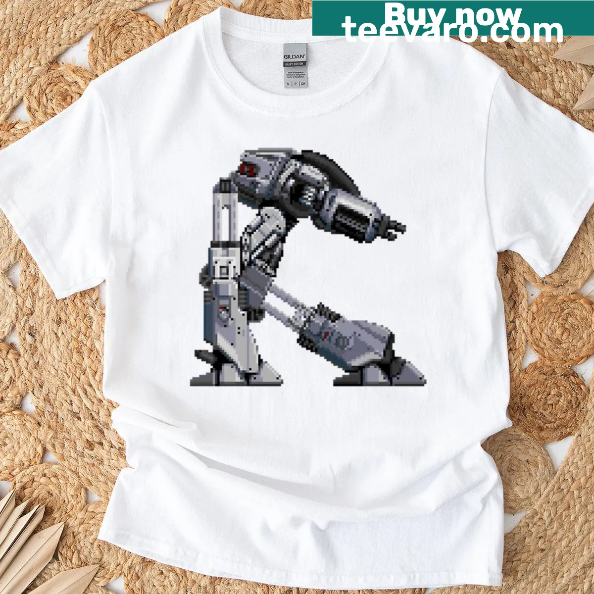 Ed-209 pixel art graphic from Robocop on retro t-shirt — on a men's t-shirt