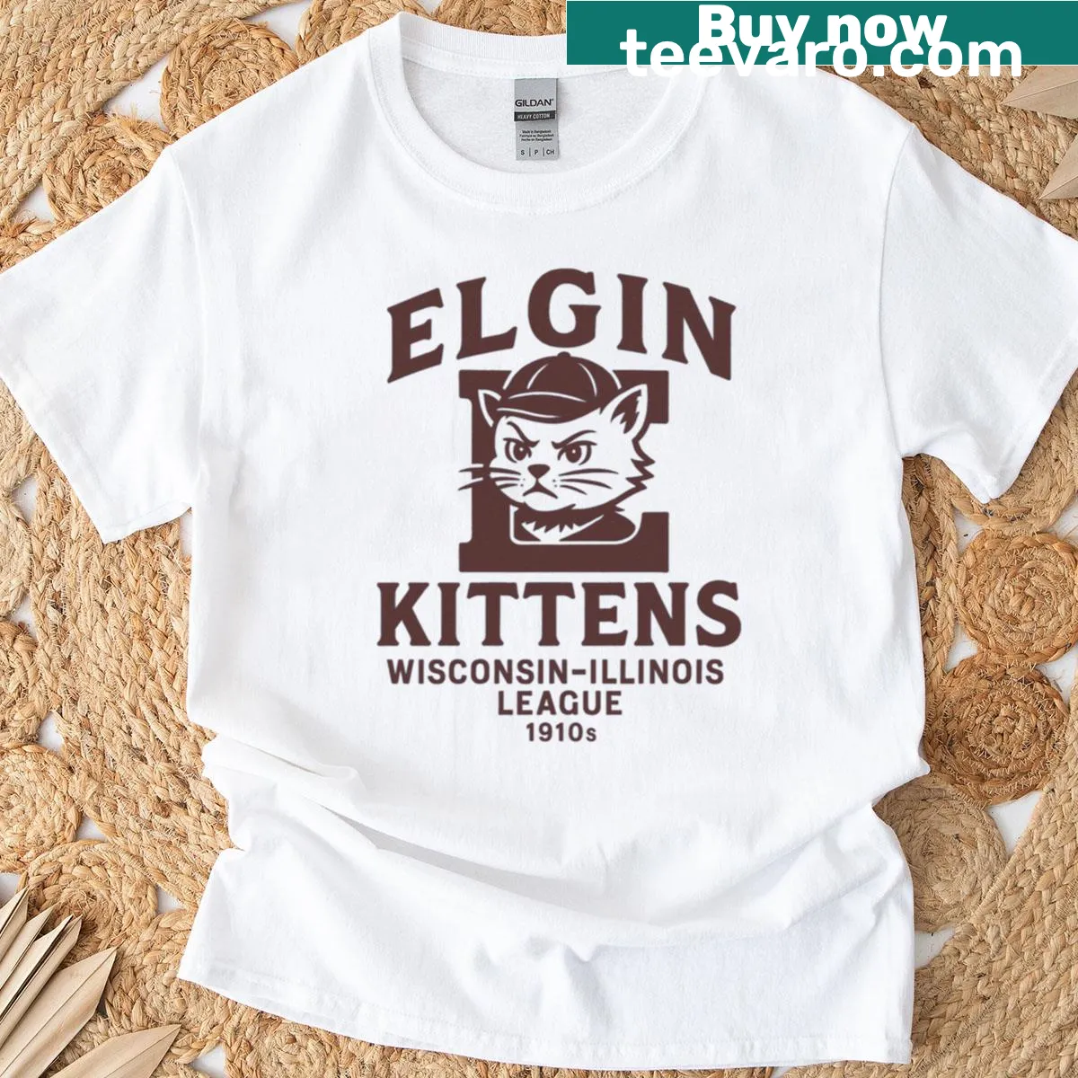 Vintage baseball logo T-shirt featuring Elgin Kittens from the 1910s — on a men's t-shirt