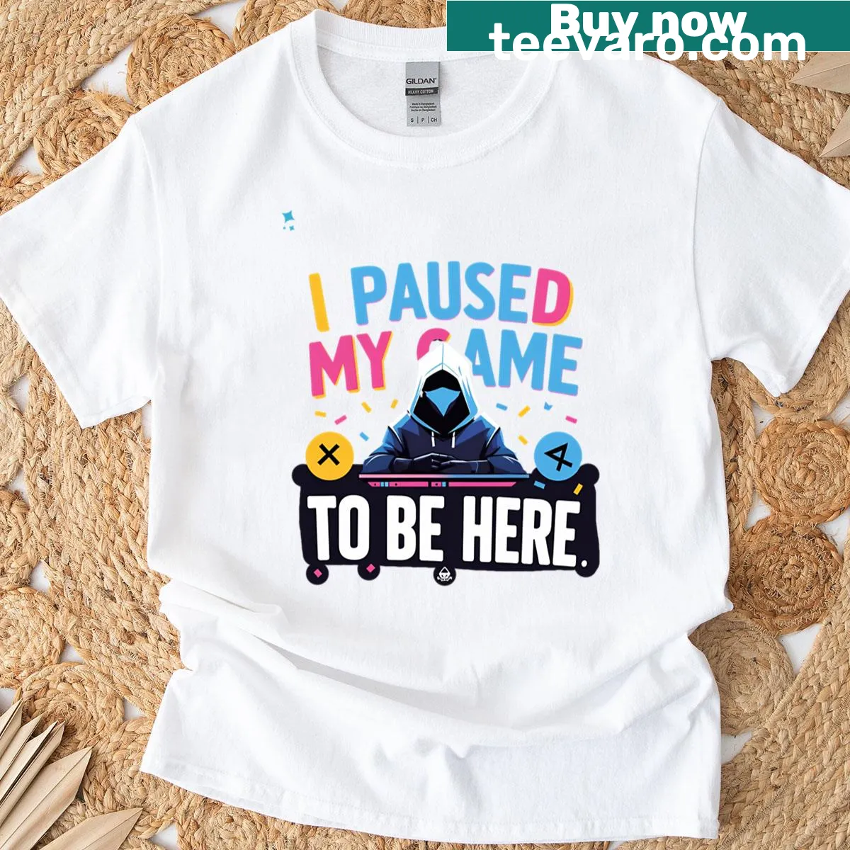 Funny gaming t-shirt featuring a humorous pause moment graphic — on a men's t-shirt