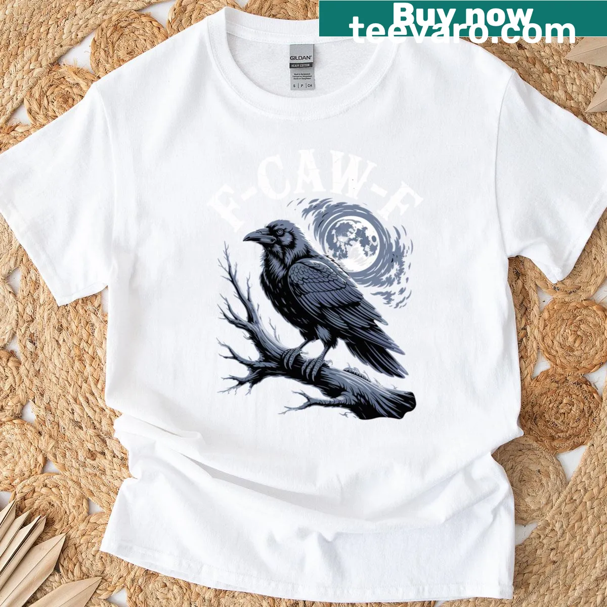 Gothic T-shirt featuring a raven and moon illustration — on a men's t-shirt