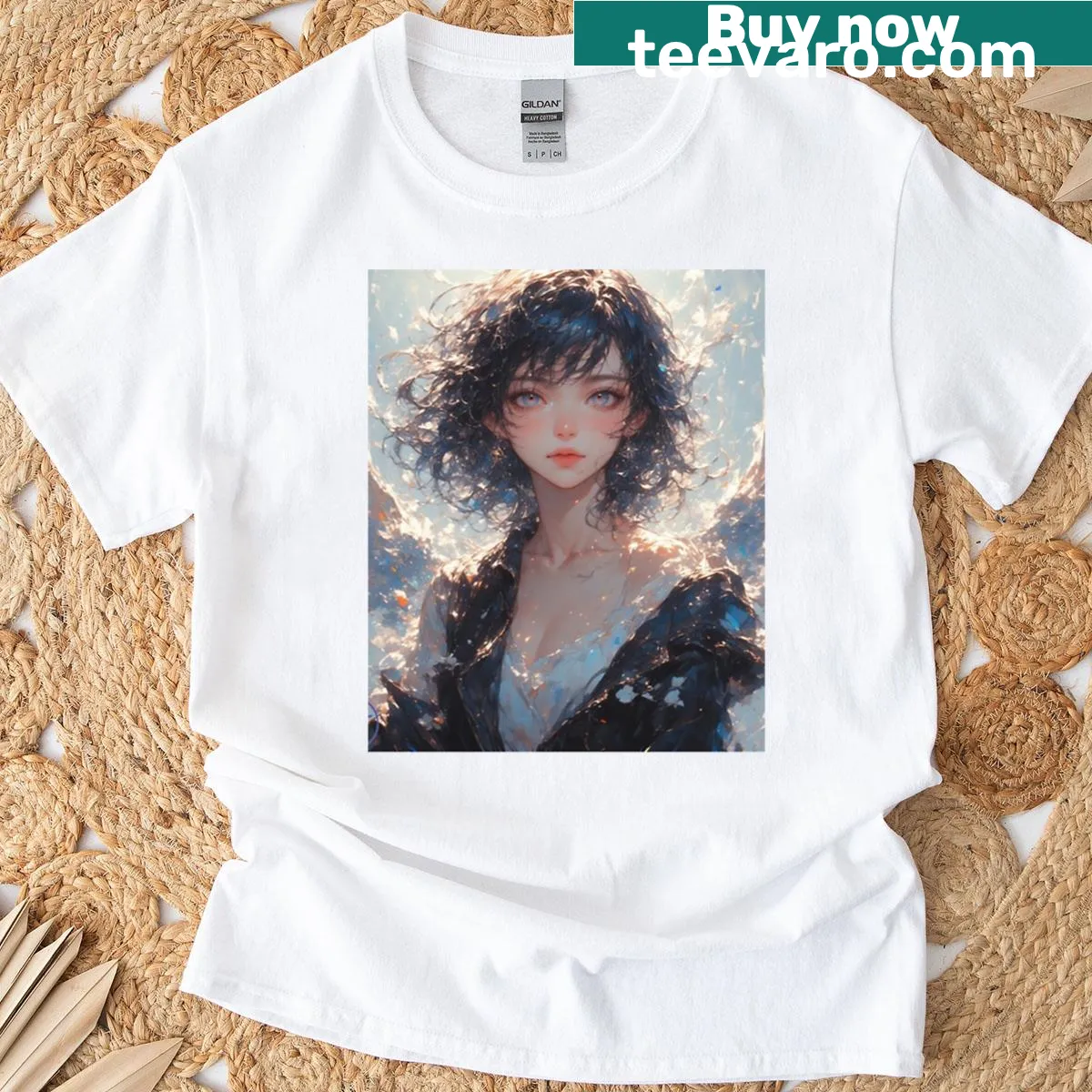 Illustration of a fantasy girl with fallen wings and blue glow — on a men's t-shirt