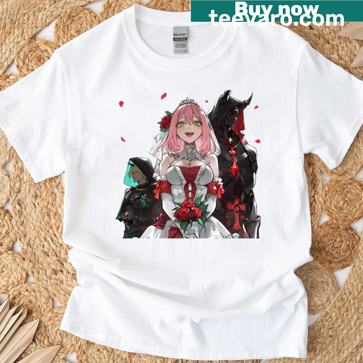 Whimsical wedding t-shirt featuring a bride and dark companions — on a men's t-shirt