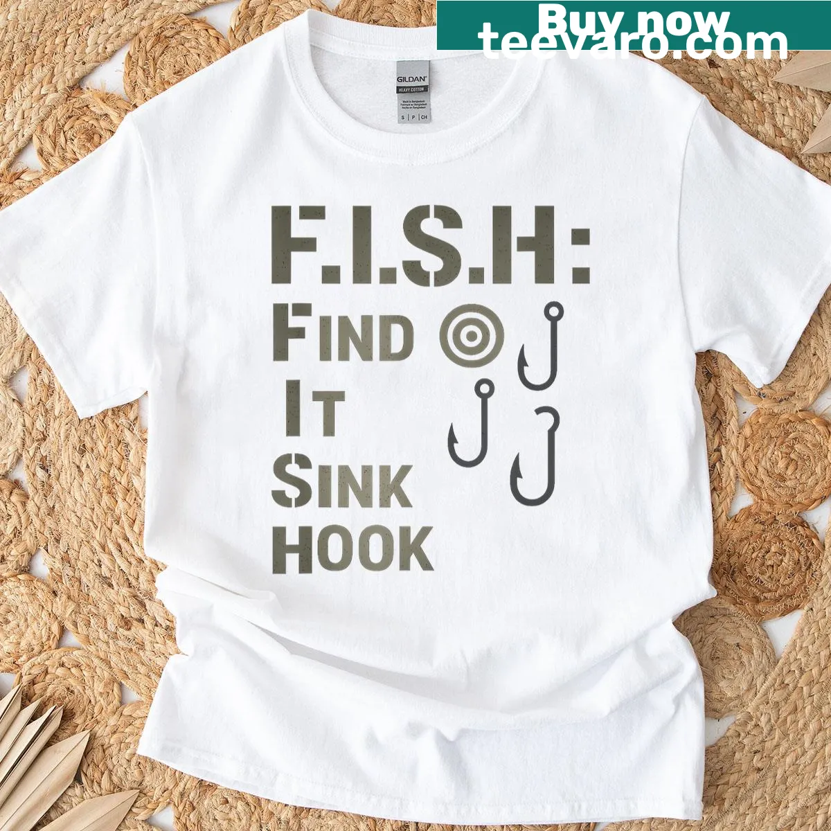 T-shirt featuring playful fishing-themed illustrations of fish and hooks — on a men's t-shirt