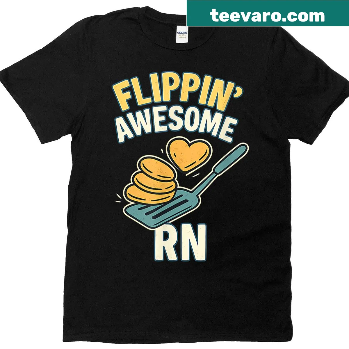 Cartoon pancake heart graphic with 'Flippin Awesome Rn' text on t-shirt — on a men's t-shirt