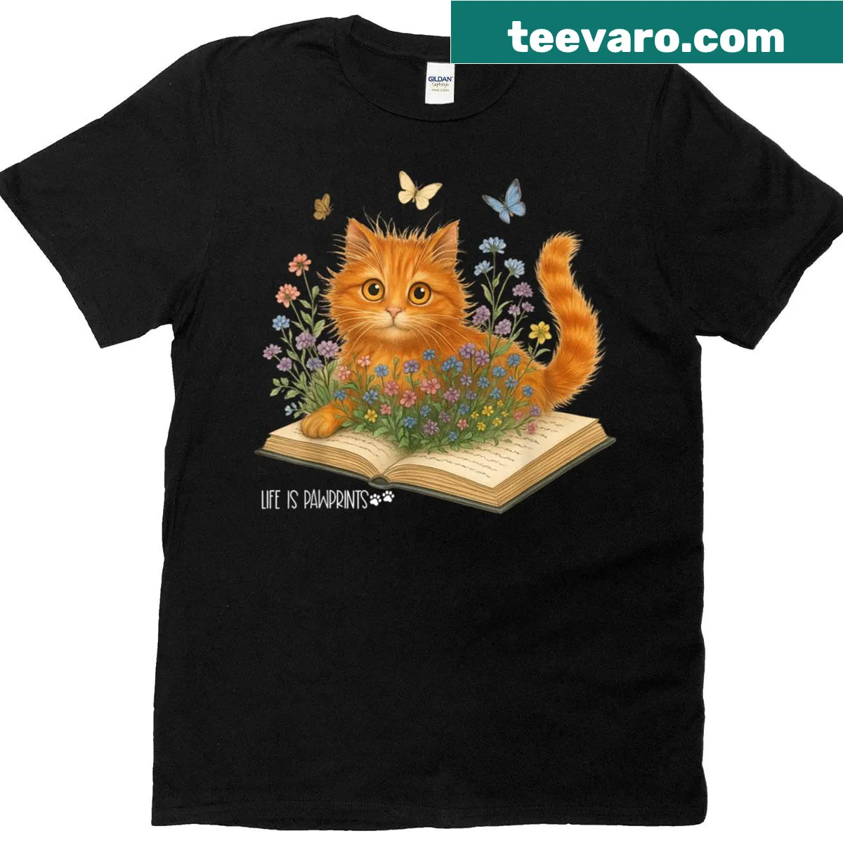 Cute graphic t-shirt featuring a cat, wildflowers, and books — on a men's t-shirt