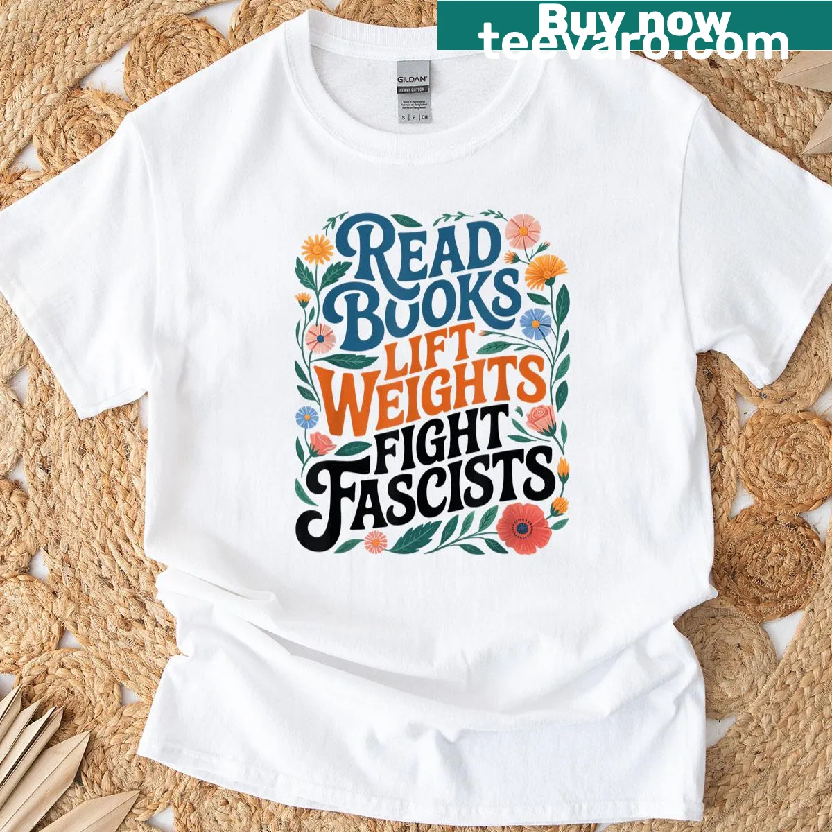 Inspirational t-shirt with floral typography promoting reading, fitness, and activism — on a men's t-shirt