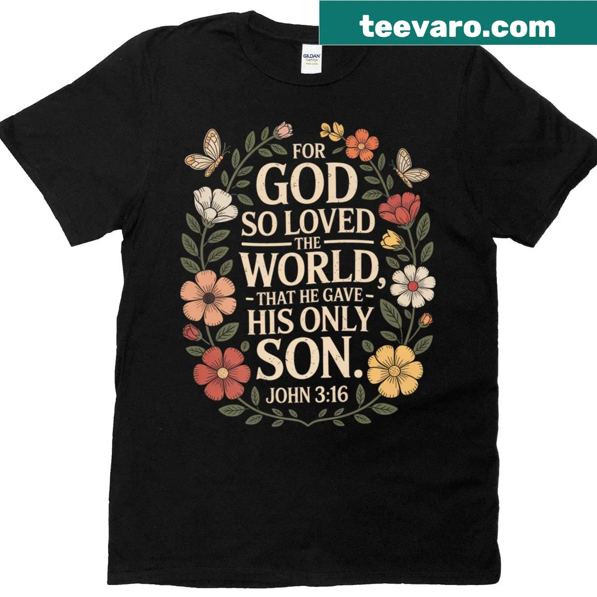 Inspirational T-shirt featuring John 3:16 text about love and faith — on a men's t-shirt