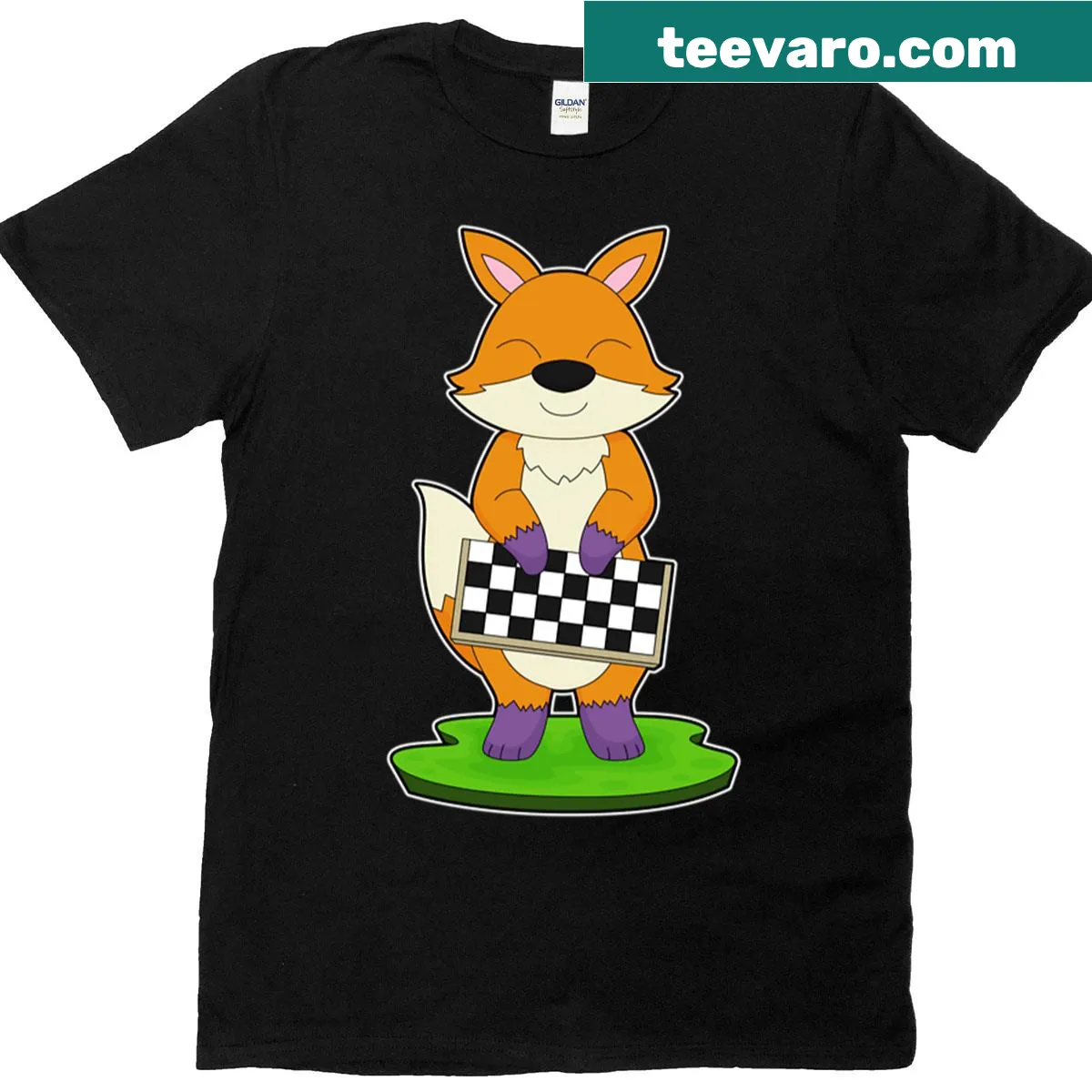 T-shirt featuring a fox on a chessboard with playful design — on a men's t-shirt