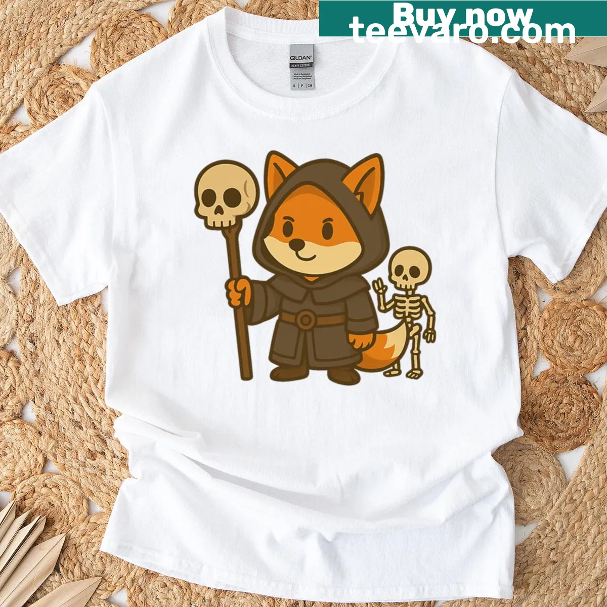 Fantasy-themed T-shirt featuring a fox as a necromancer in whimsical art style — on a men's t-shirt