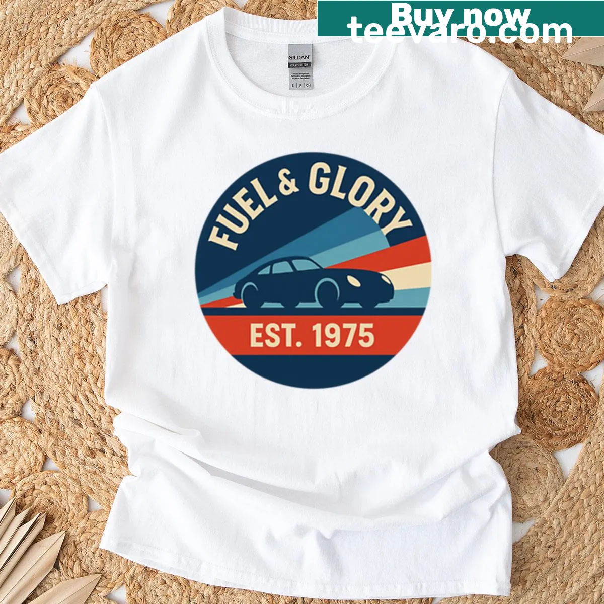Vintage racing emblem T-shirt with retro car design — on a men's t-shirt
