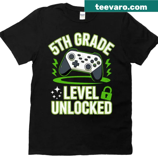 Gamer-themed t-shirt with '5th Grade Level Unlocked' text for kids