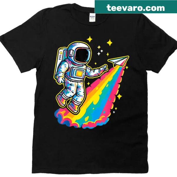 Retro style t-shirt featuring an astronaut and paper airplane in a funny design