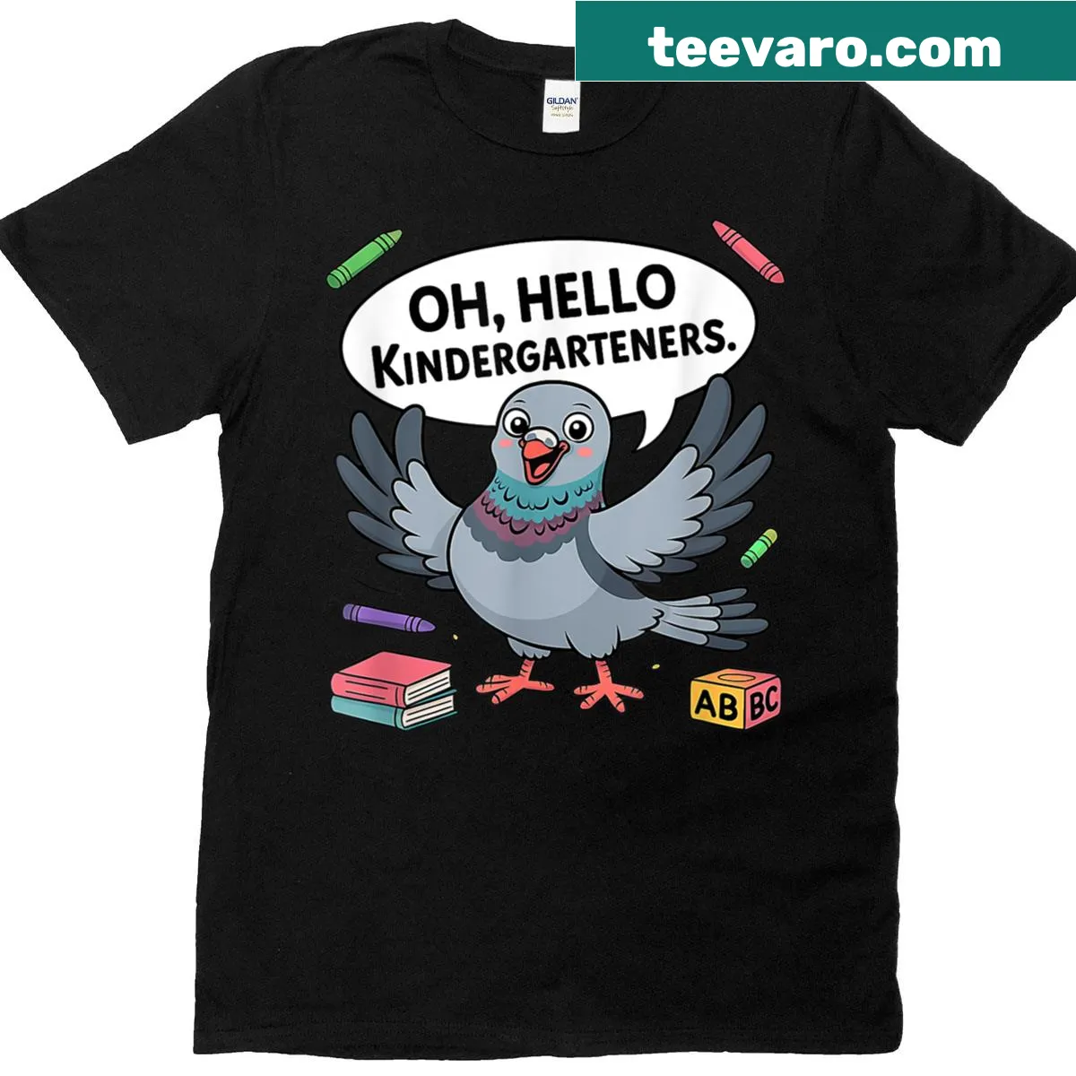 Funny pigeon teacher graphic T-shirt for kindergarten — on a men's t-shirt