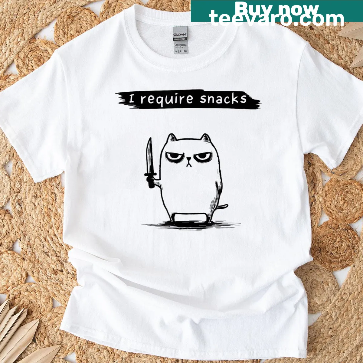 Funny cat meme design that humorously states 'I require snacks' — on a men's t-shirt