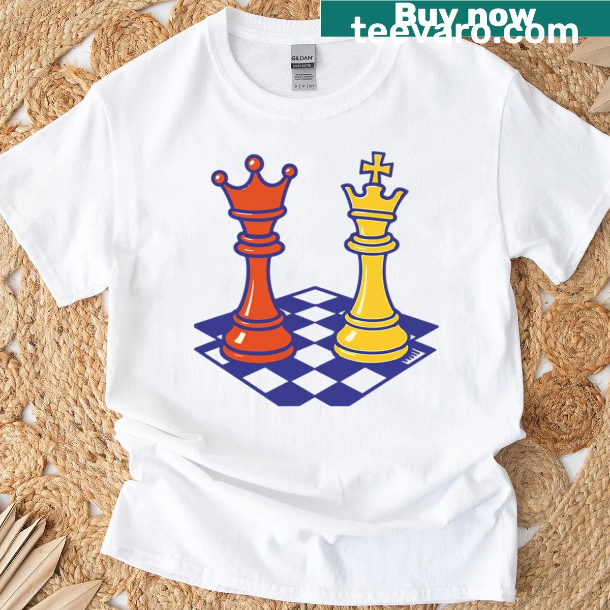 Funny T-shirt for chess players with King and Queen theme — on a men's t-shirt