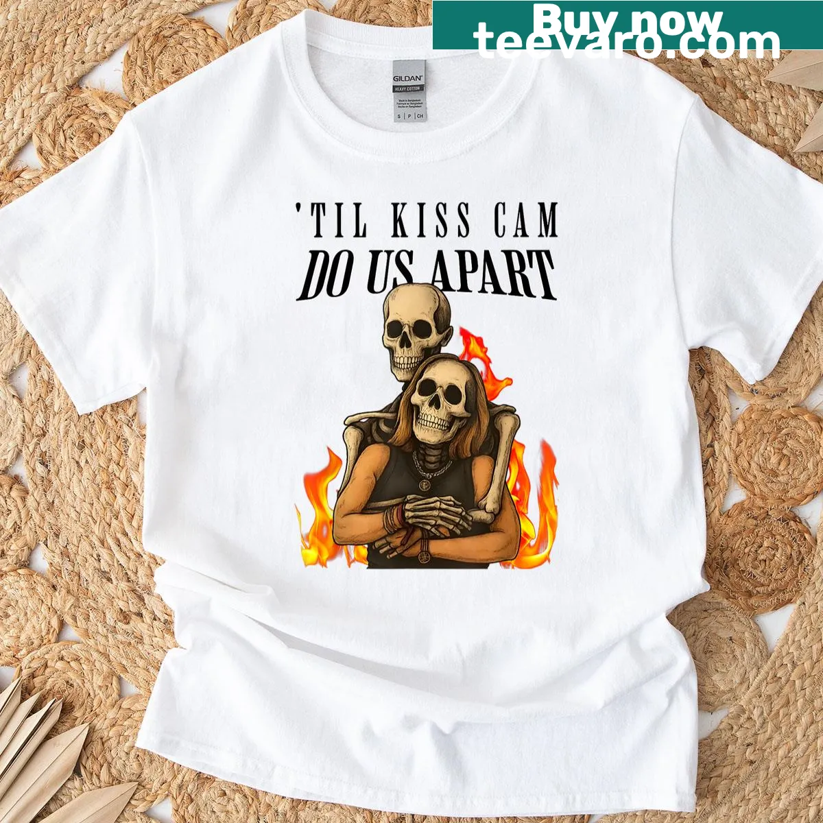 Skeleton couple graphic on t-shirt with a kiss cam theme for Halloween — on a men's t-shirt