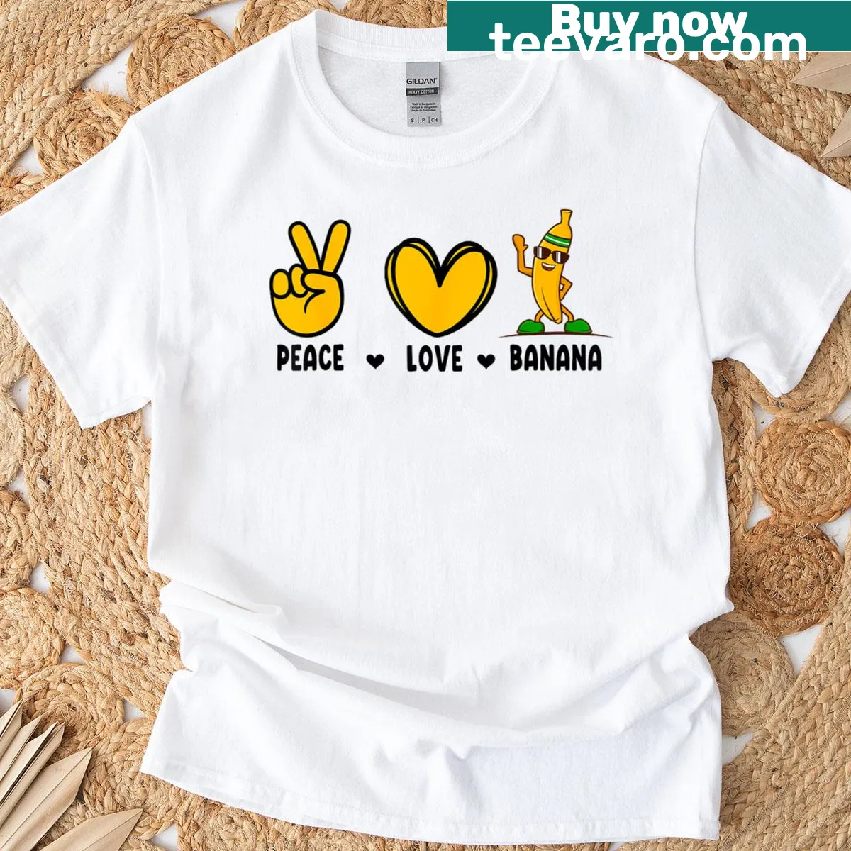 Funny vegan-themed T-shirt with Peace Love Banana graphic — on a men's t-shirt