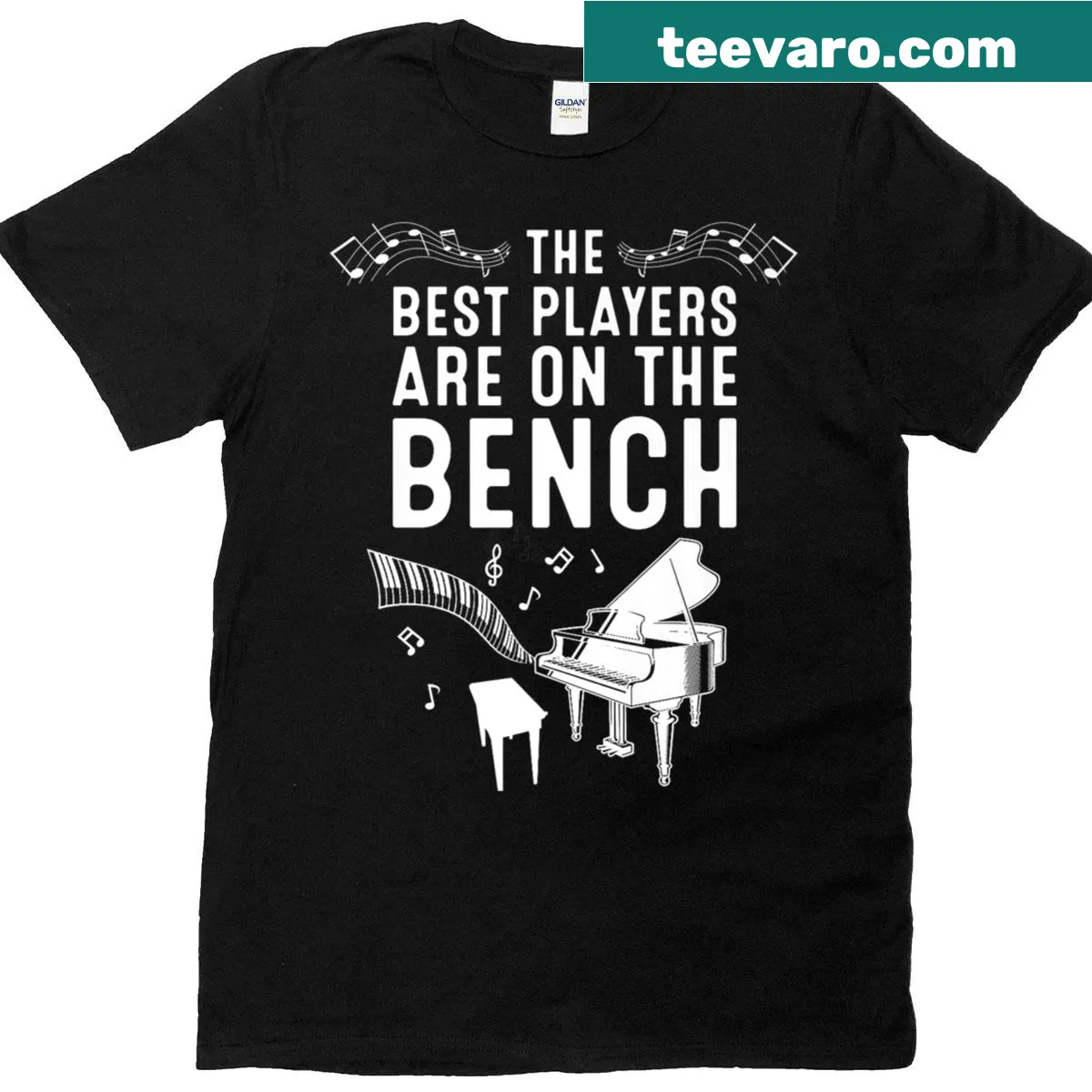 Funny cartoon piano design T-shirt for music lovers — on a men's t-shirt