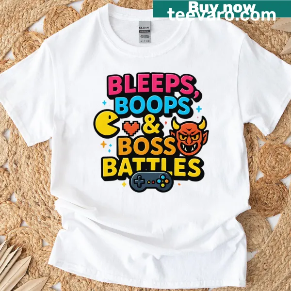 Retro gaming T-shirt with the quote 'Bleeps Boops Boss Battles'