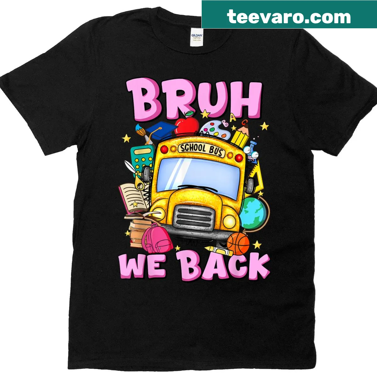 Funny back-to-school t-shirt with school bus graphic — on a men's t-shirt