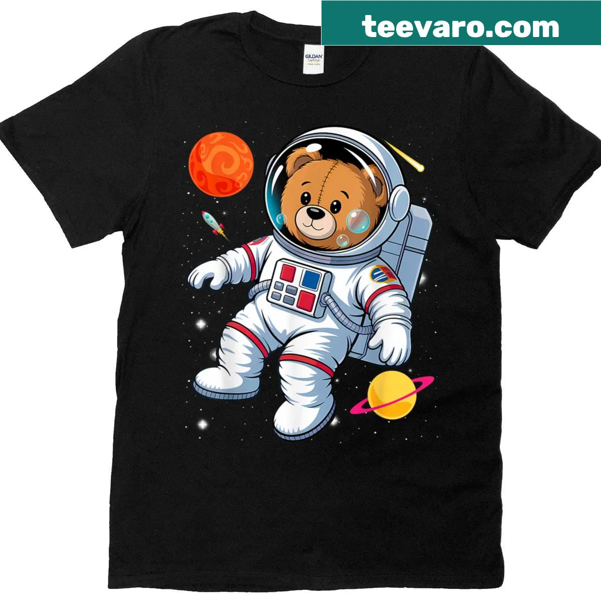 Illustration of a teddy bear astronaut on a playful t-shirt — on a men's t-shirt