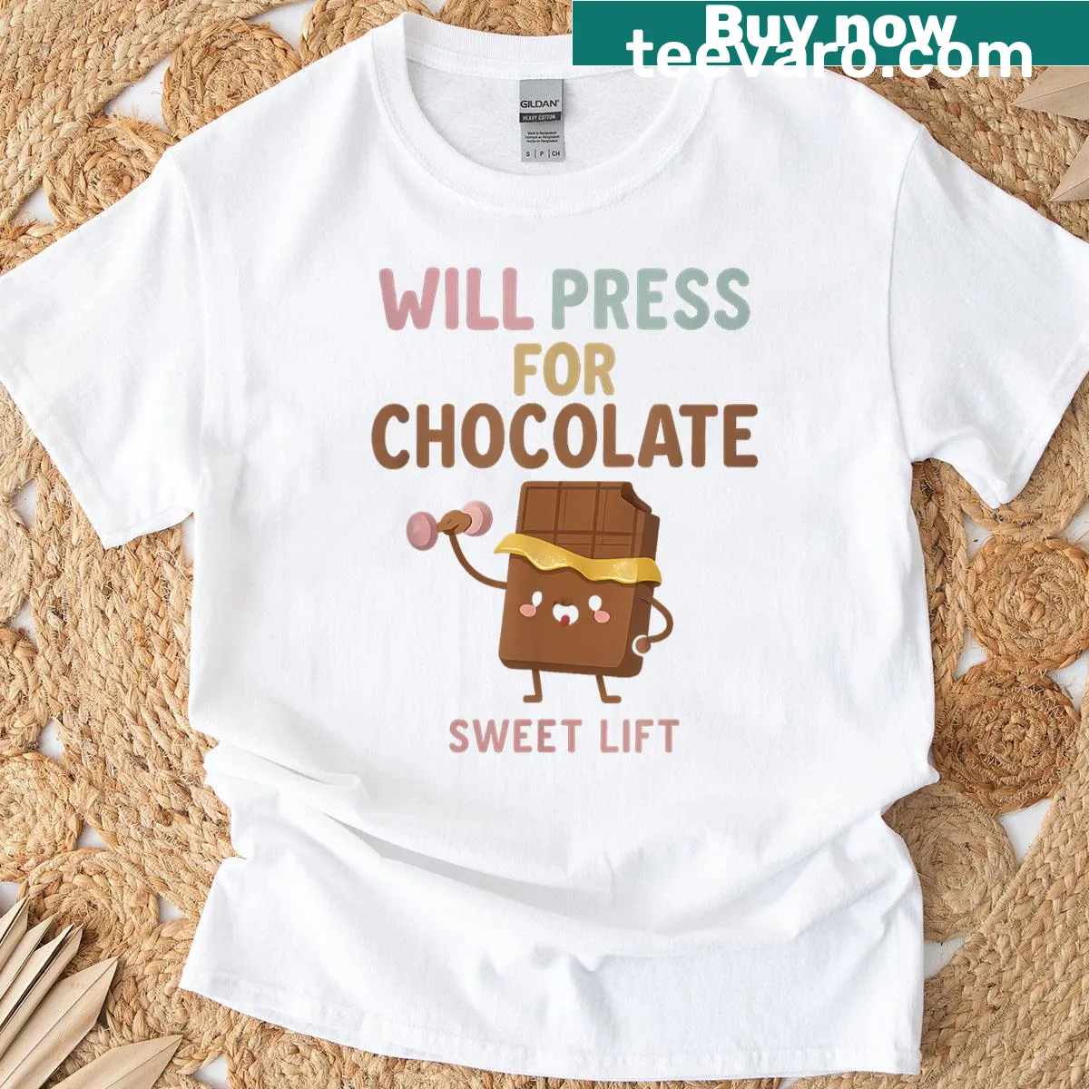 T-shirt featuring humorous weightlifting design with chocolate theme — on a men's t-shirt