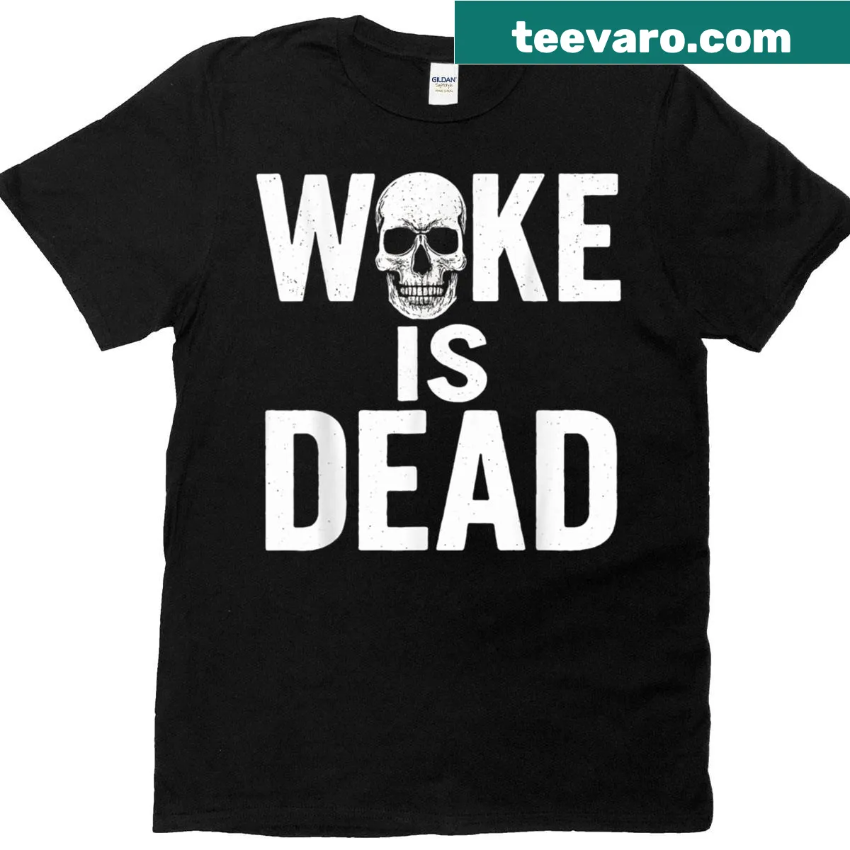 Edgy T-shirt with 'Woke is Dead' political humor — on a men's t-shirt