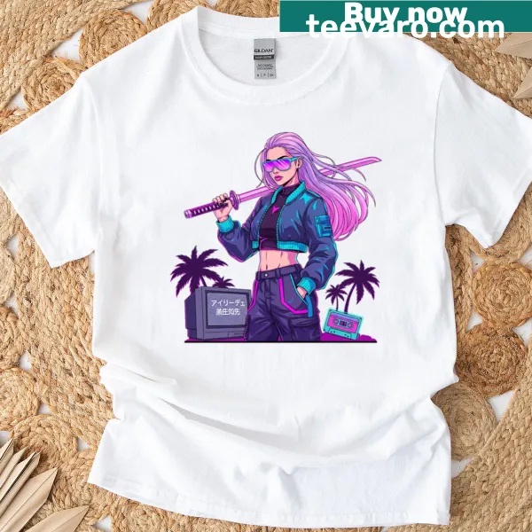 Futuristic samurai girl illustration with neon accents on t-shirt