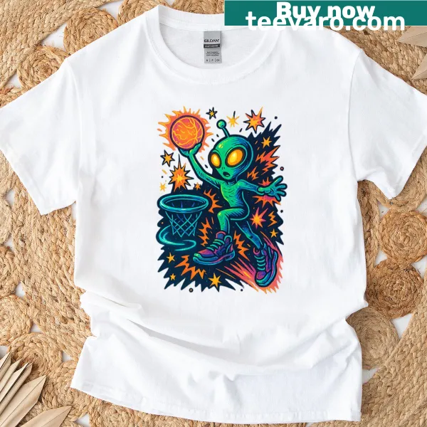 Cartoon alien dunking in sneakers on a T-shirt