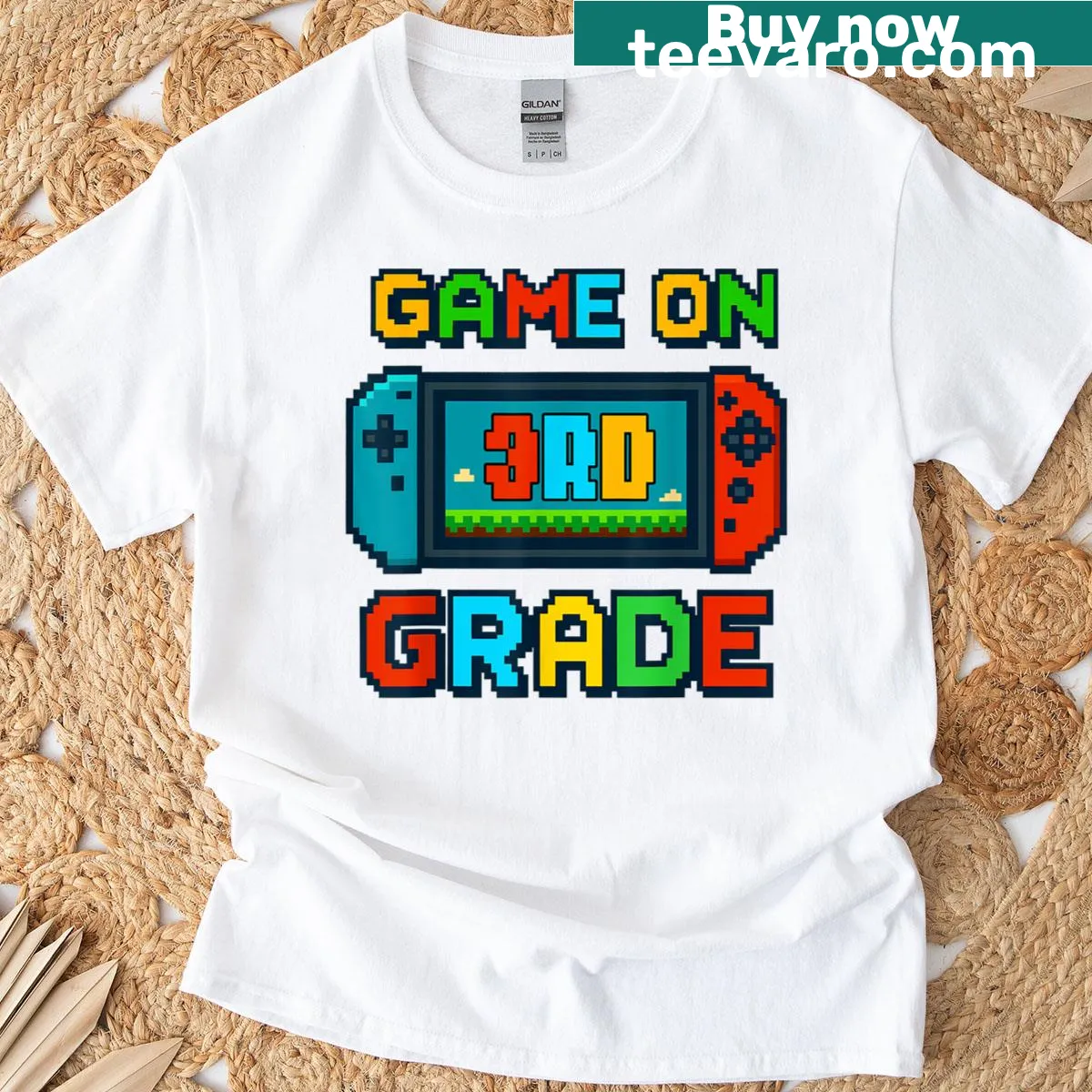 T-shirt featuring 'Game On' text and video game graphics for third graders — on a men's t-shirt