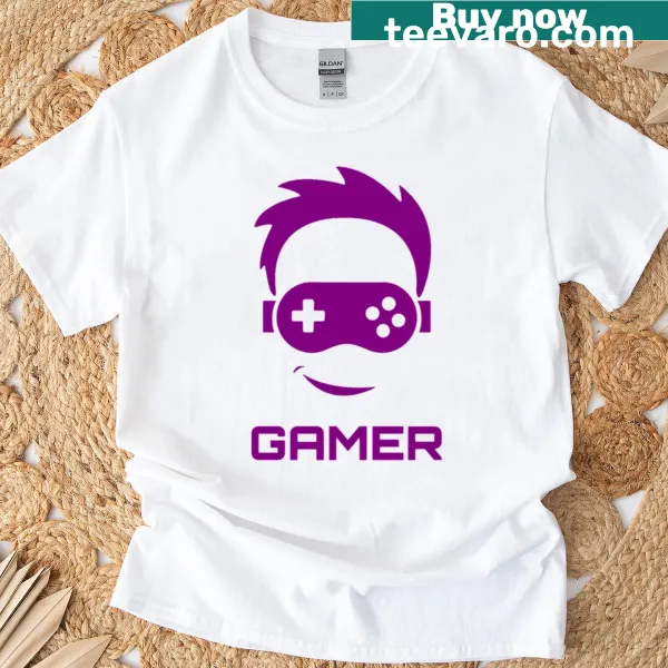 Cartoon graphic T-shirt for gamers in purple