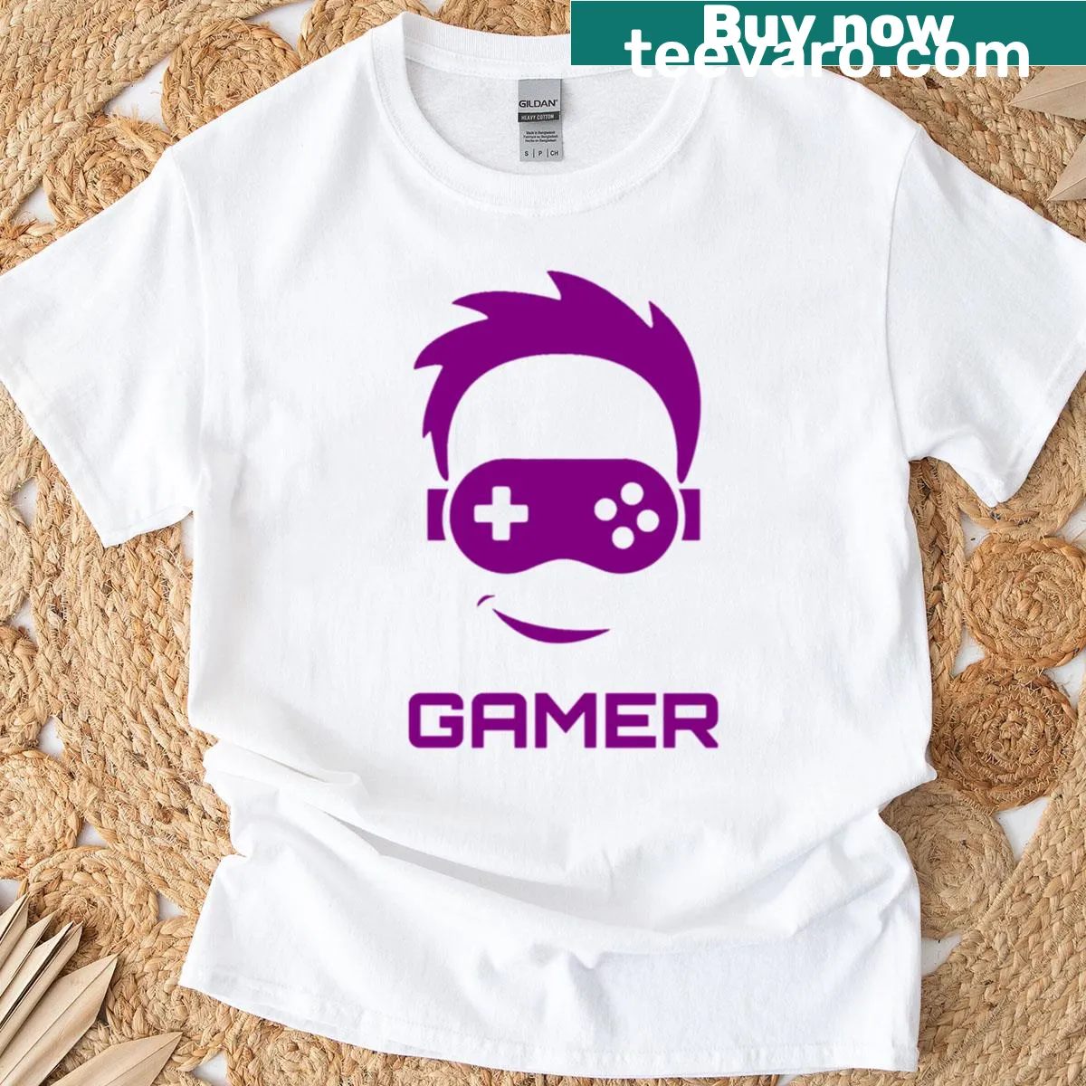 Cartoon graphic T-shirt for gamers in purple — on a men's t-shirt